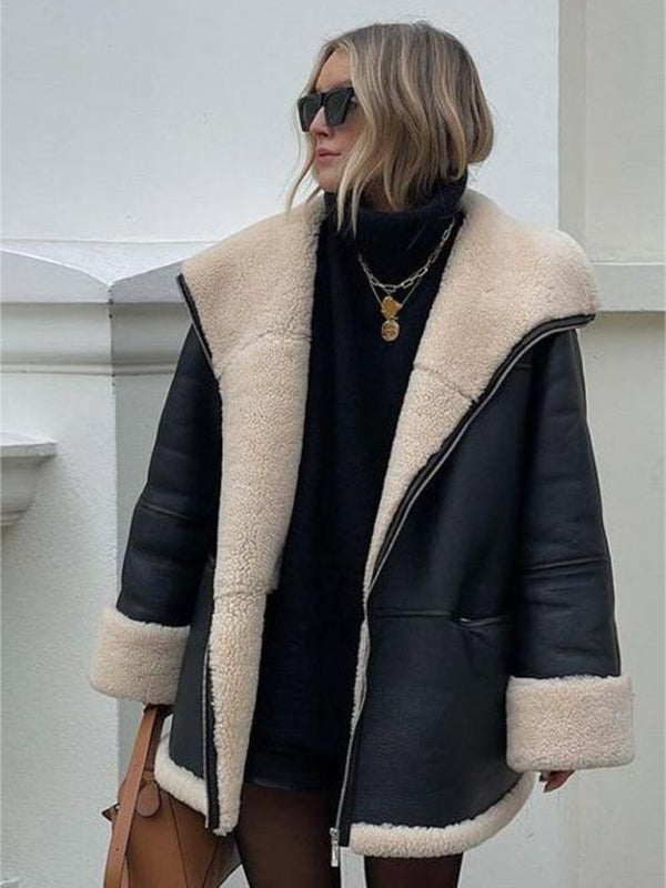 Cashmere leather fur collar composite jacket