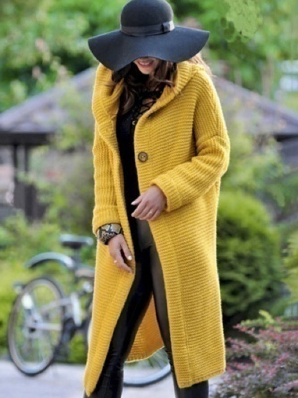 Casual Button Long Cardigan Hooded Sweater Jacket Yellow