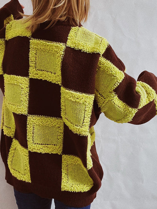 Casual Checkerboard Colorblock Crewneck Long Sleeve Sweater Yellow