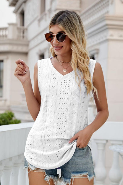 Casual Eyelet V-Neck Tank Top