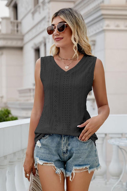 Casual Eyelet V-Neck Tank Top Black