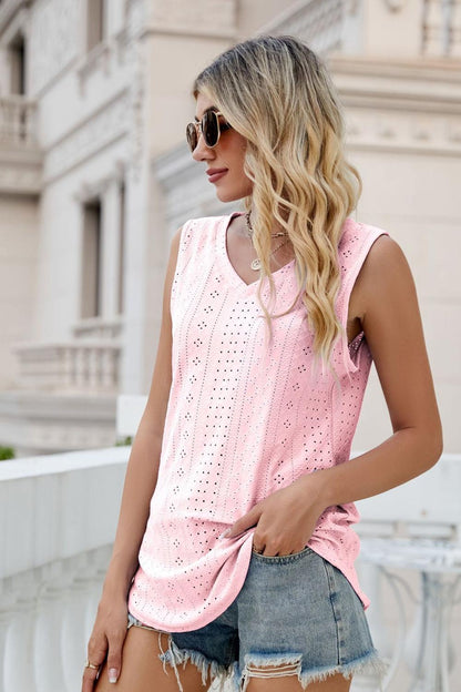 Casual Eyelet V-Neck Tank Top