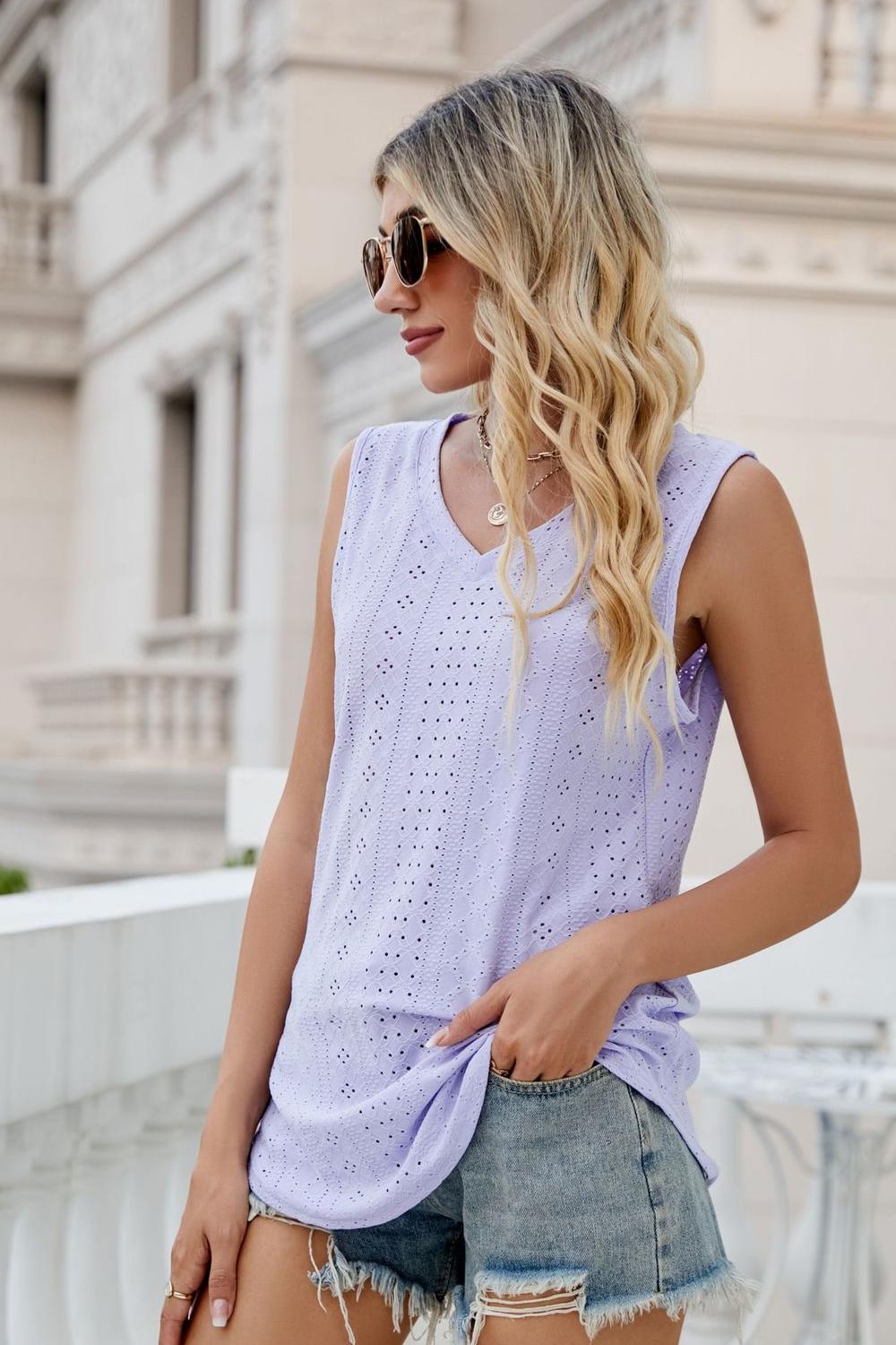 Casual Eyelet V-Neck Tank Top