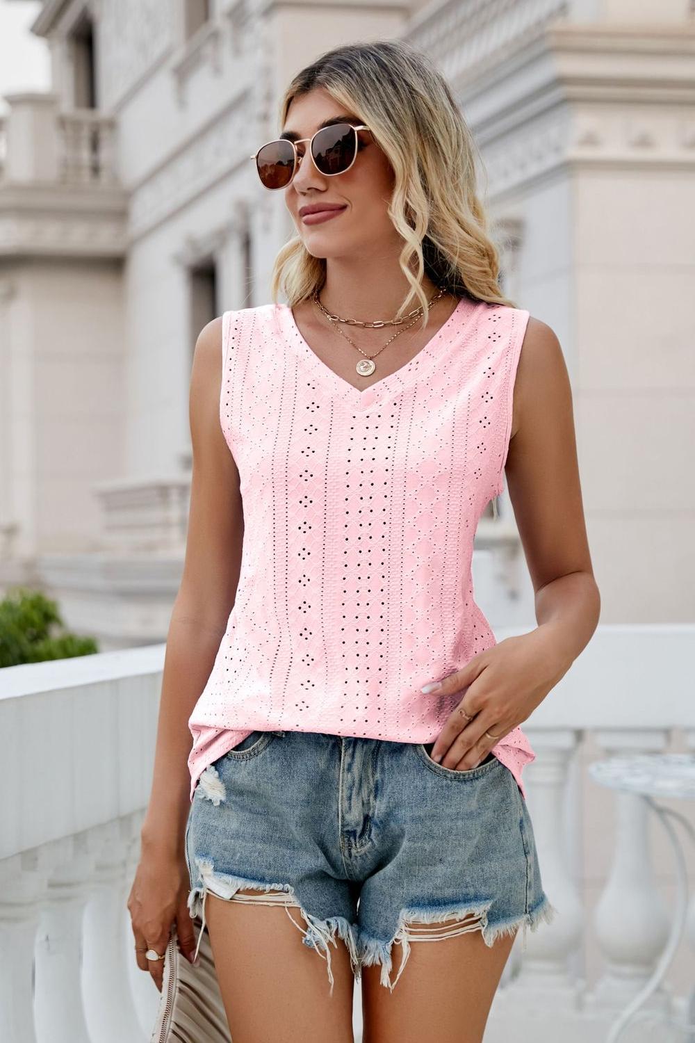 Casual Eyelet V-Neck Tank Top Blush Pink