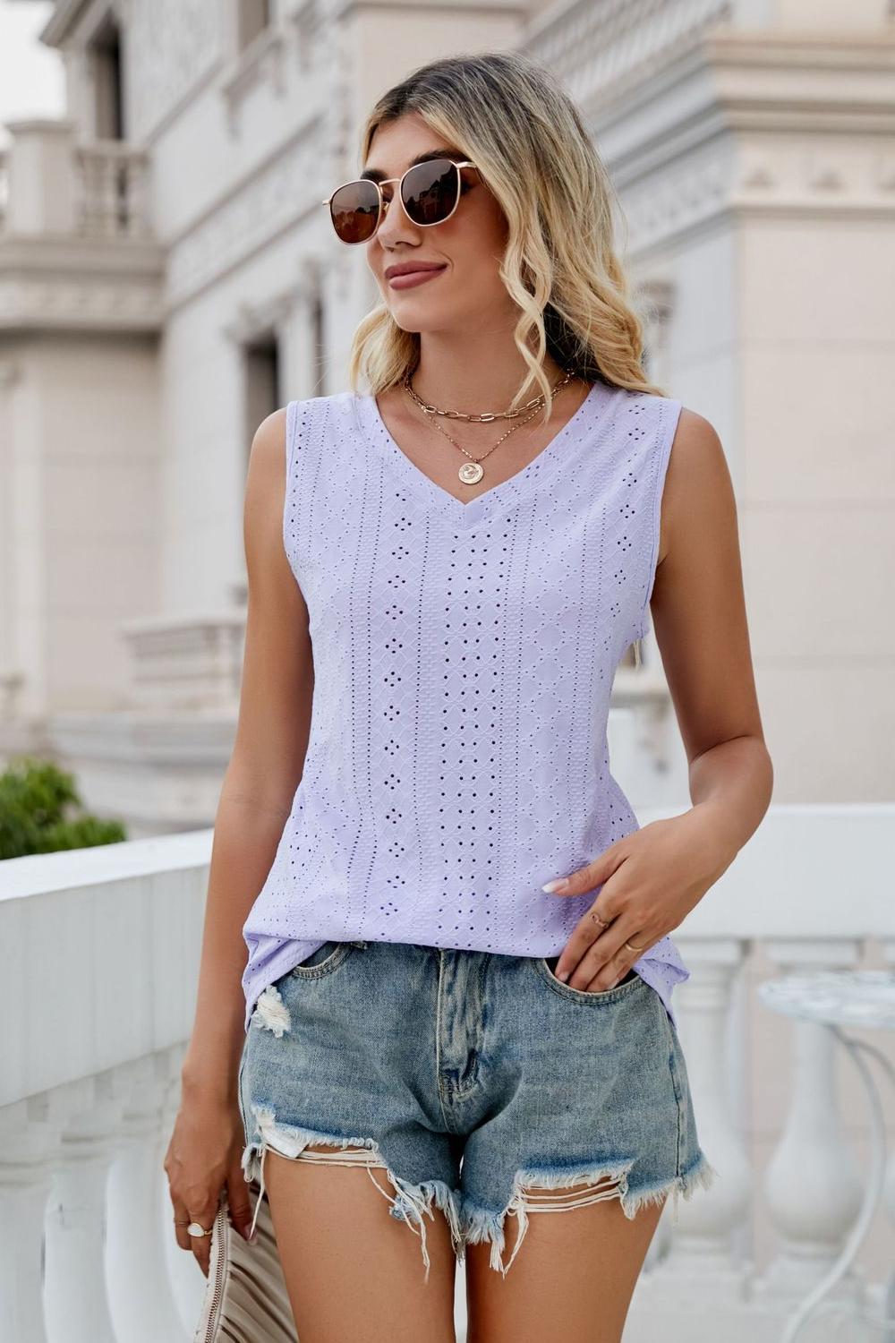 Casual Eyelet V-Neck Tank Top Lavender