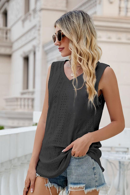 Casual Eyelet V-Neck Tank Top