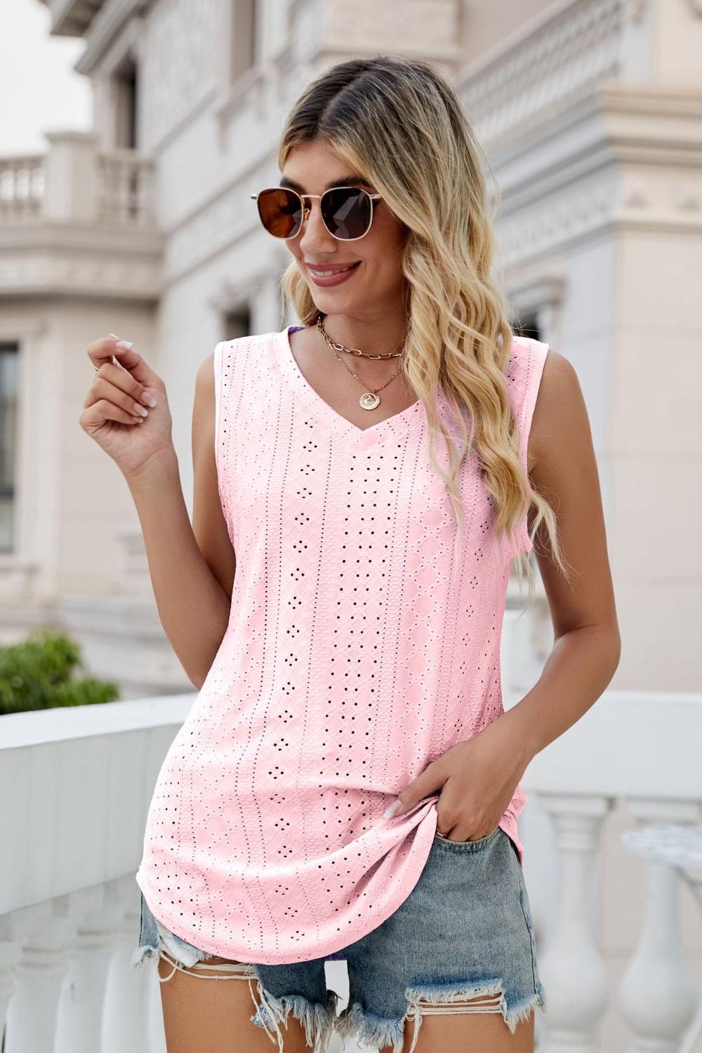 Casual Eyelet V-Neck Tank Top