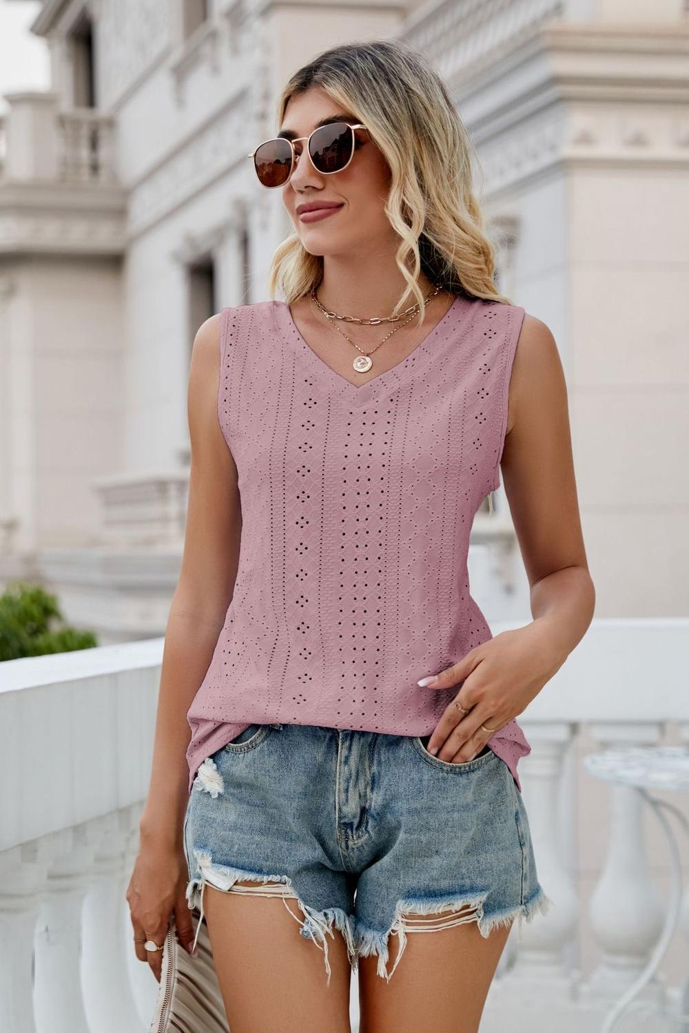 Casual Eyelet V-Neck Tank Top Light Mauve