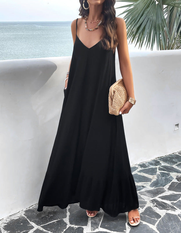 Elegant solid color loose suspender dress Black