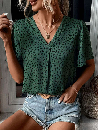 Cheetah Print V-Neck Flutter Sleeve Top