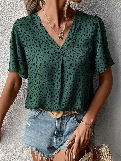 Cheetah Print V-Neck Flutter Sleeve Top Forest