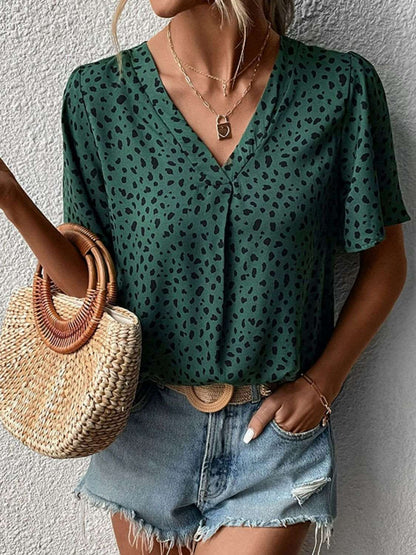 Cheetah Print V-Neck Flutter Sleeve Top