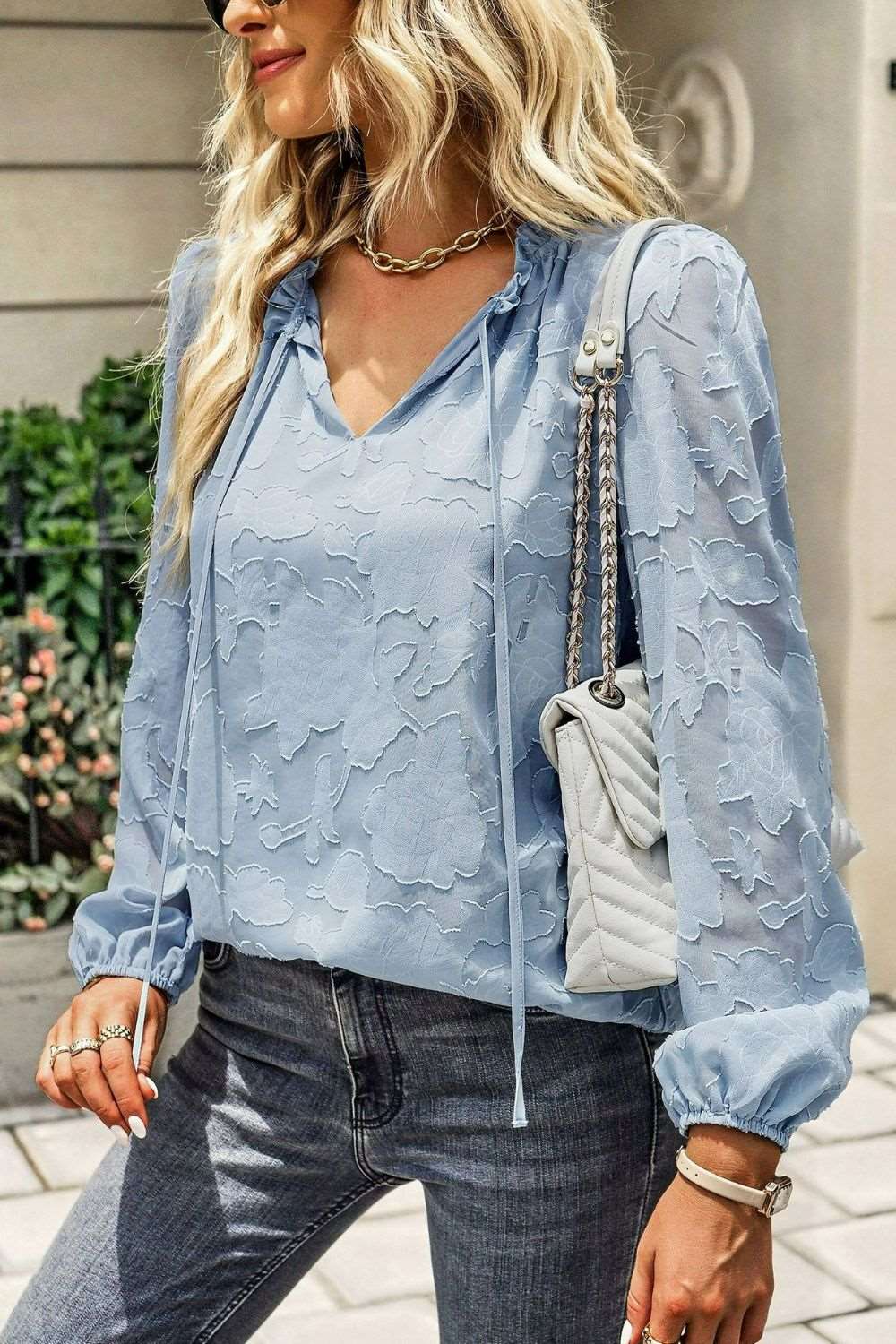 Chic Applique Frill Tie Neck Blouse