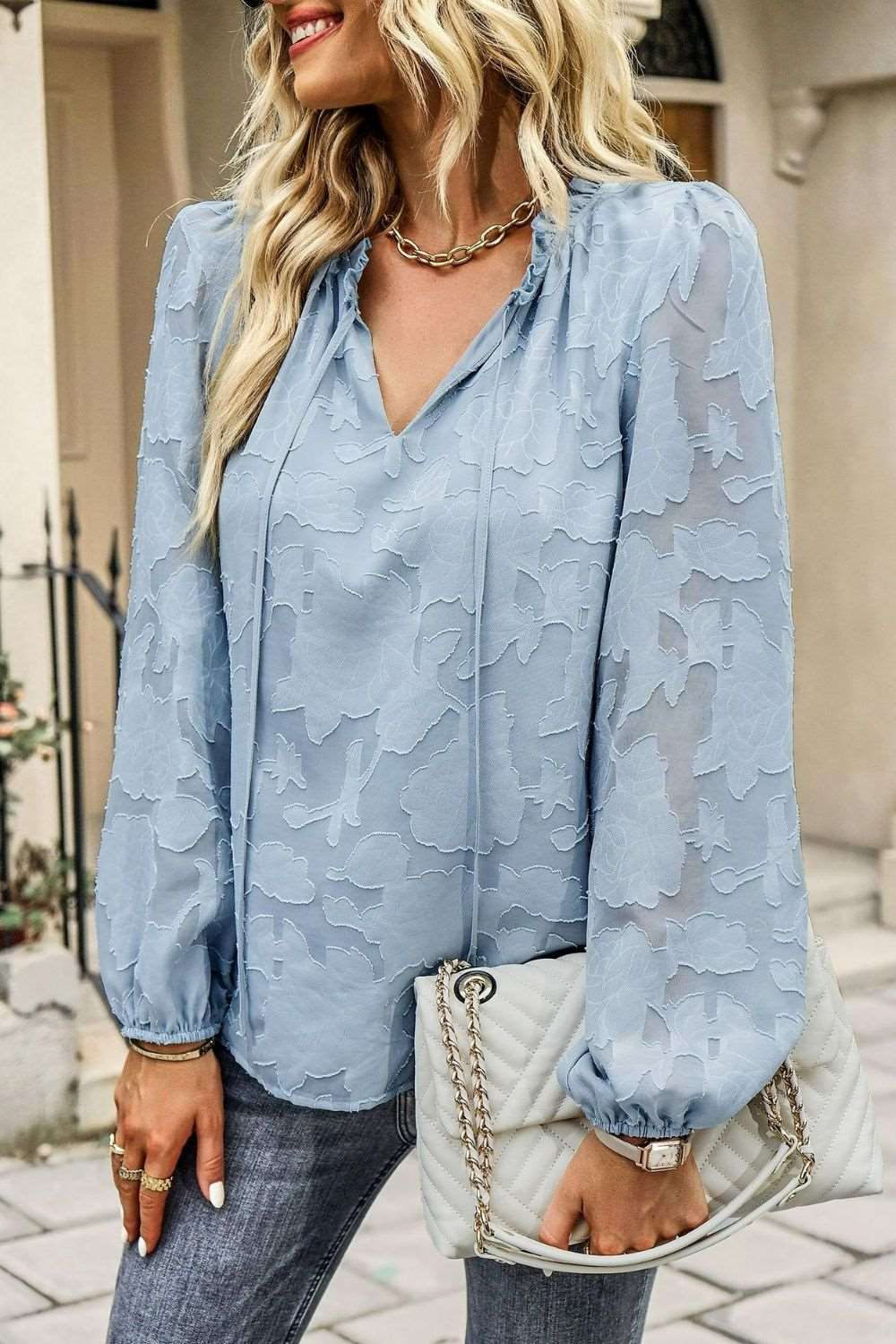 Chic Applique Frill Tie Neck Blouse Sky Blue