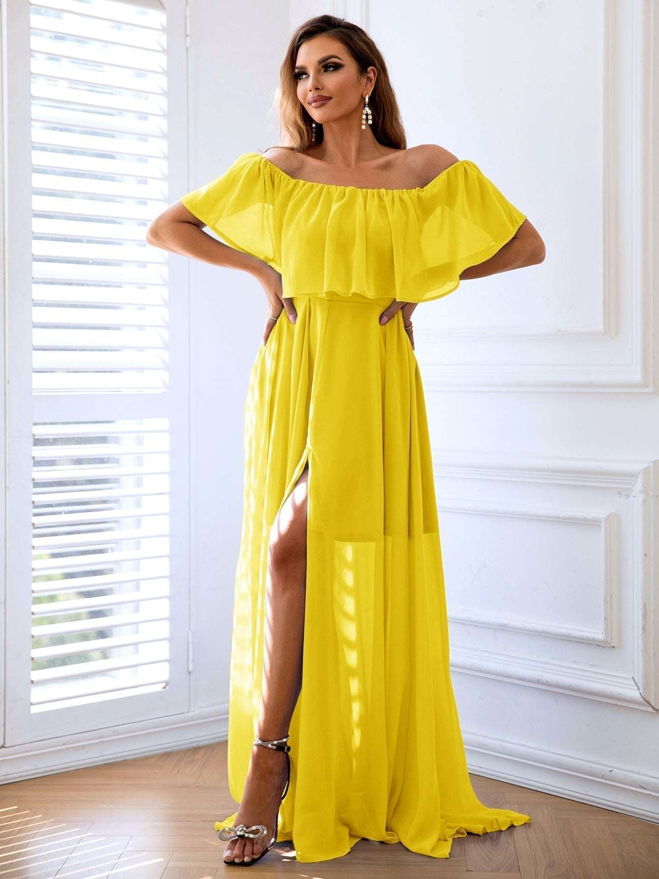 Chic Off-Shoulder Layered Split Maxi Dress Yellow