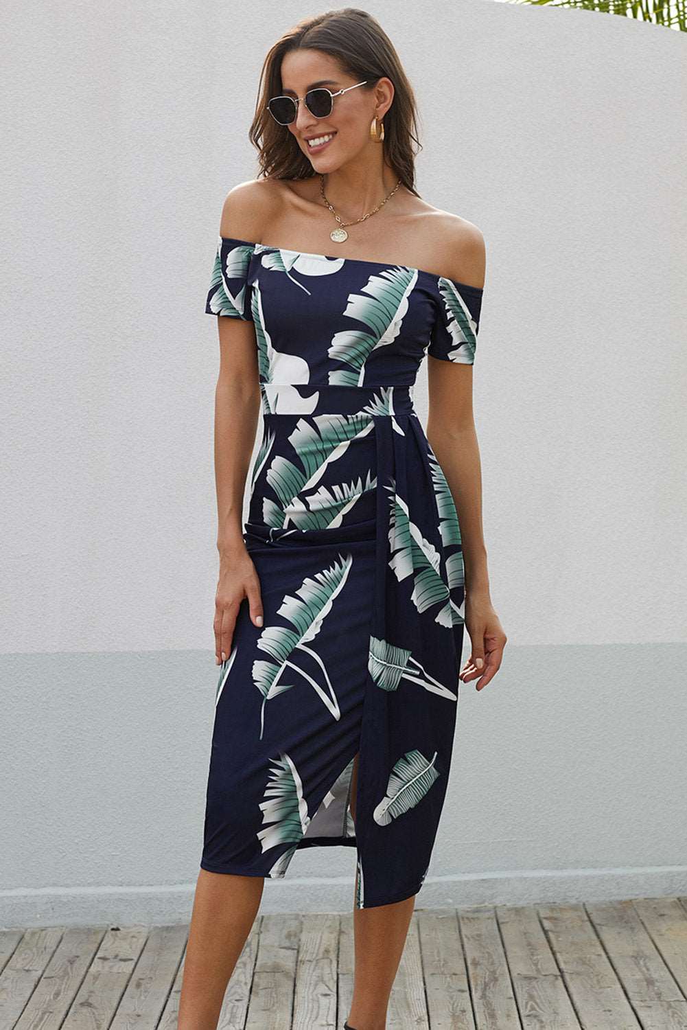 Chic Off-Shoulder Printed Split Dress Dark Navy