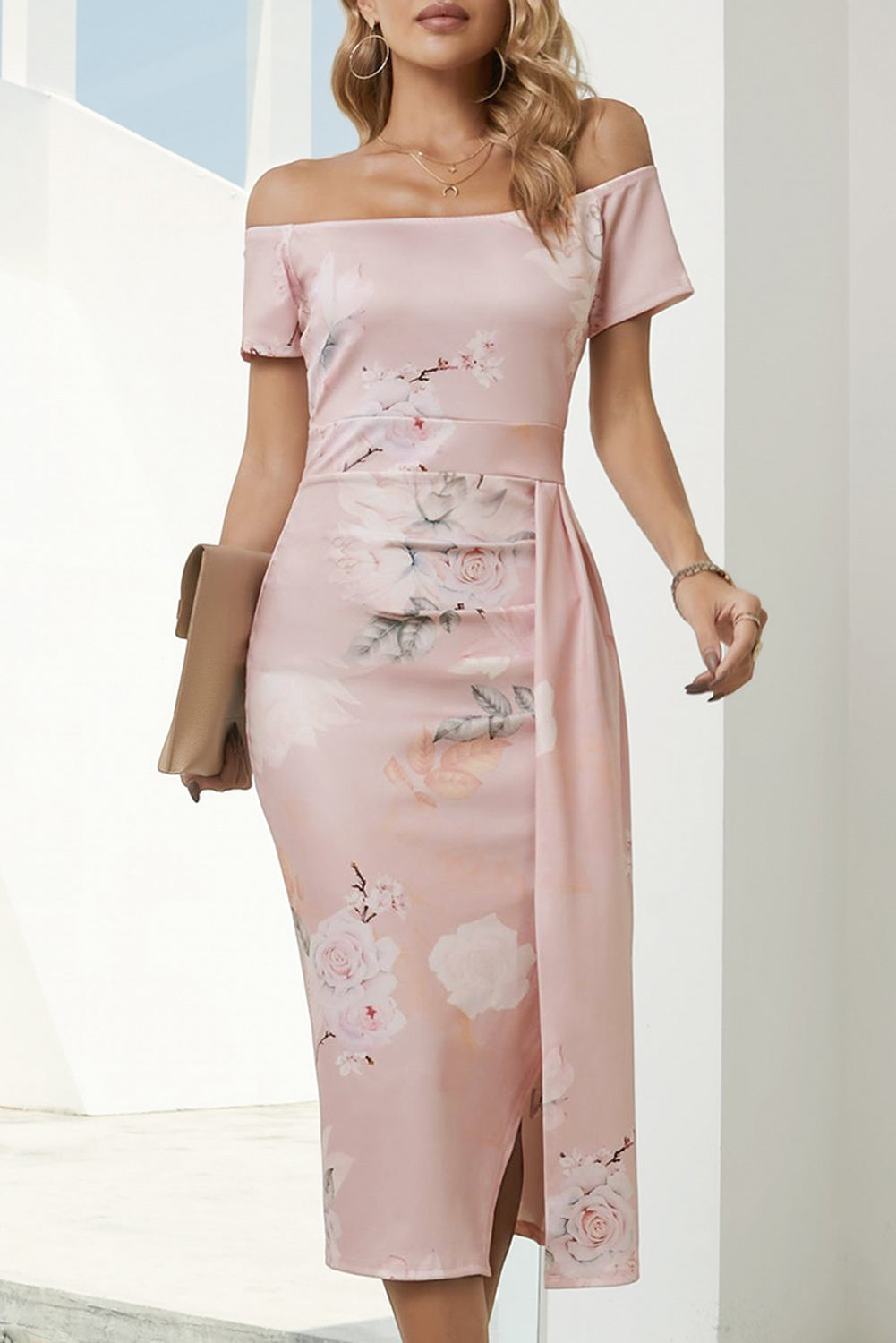 Chic Off-Shoulder Printed Split Dress Blush Pink