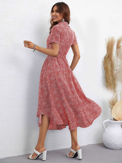 Chic Printed Short Sleeve Collared Midi Dress