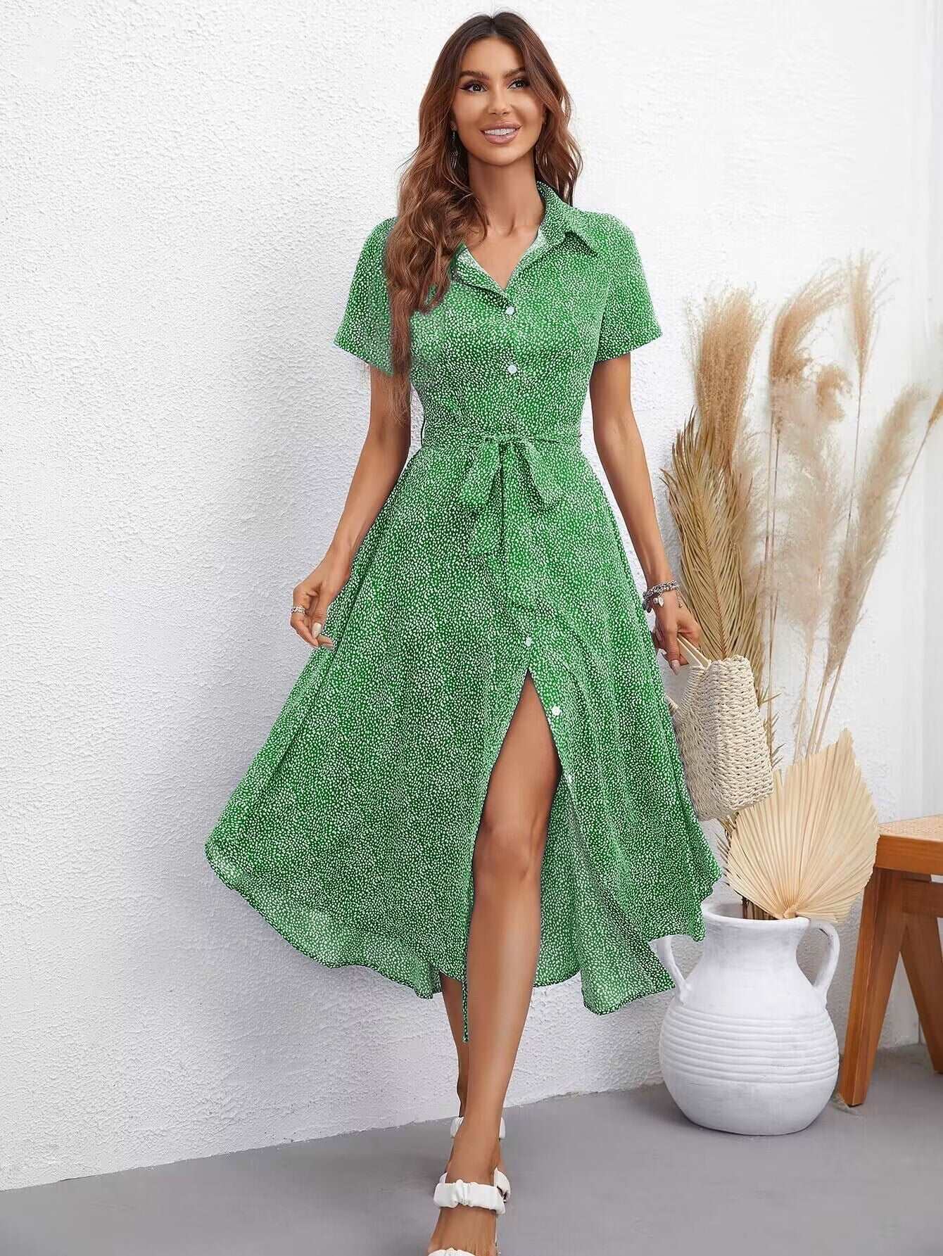 Chic Printed Short Sleeve Collared Midi Dress