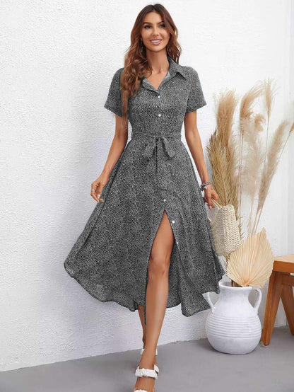 Chic Printed Short Sleeve Collared Midi Dress