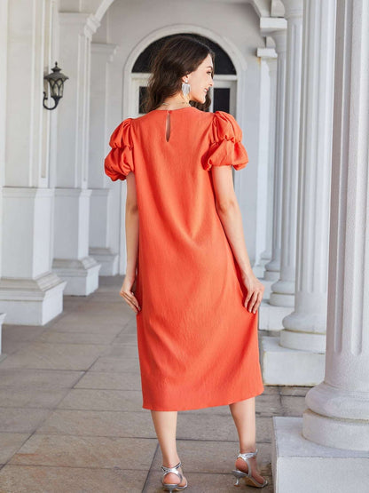 Chic Round Neck Bubble Sleeve Straight Hem Midi Dress