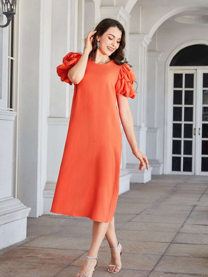 Chic Round Neck Bubble Sleeve Straight Hem Midi Dress