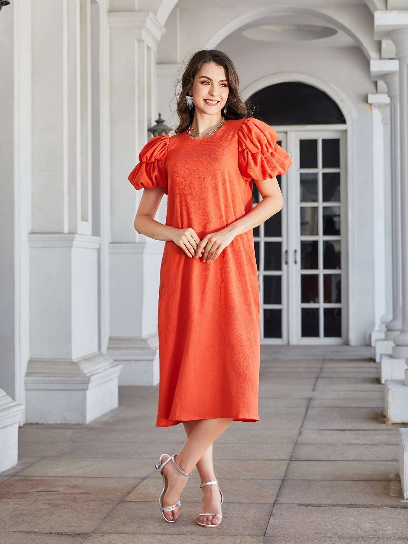 Chic Round Neck Bubble Sleeve Straight Hem Midi Dress