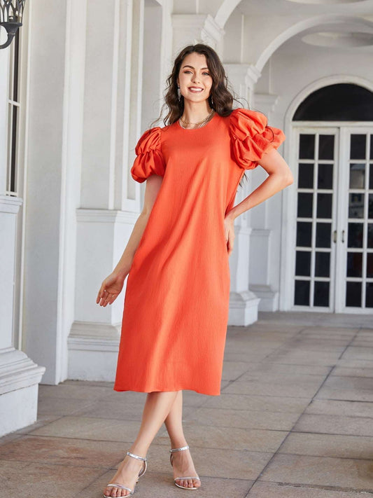 Chic Round Neck Bubble Sleeve Straight Hem Midi Dress Orange