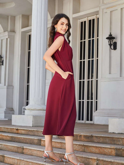 Chic Ruched Mock Neck Cap Sleeve Midi Dress