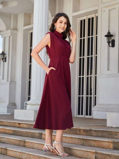 Chic Ruched Mock Neck Cap Sleeve Midi Dress