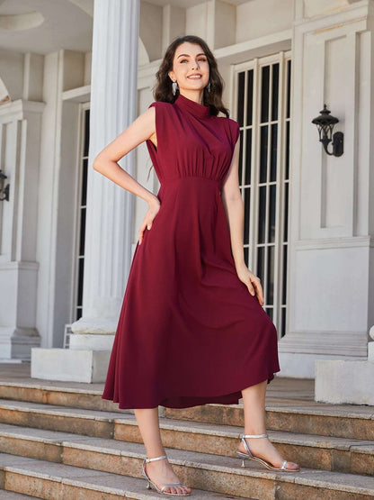 Chic Ruched Mock Neck Cap Sleeve Midi Dress