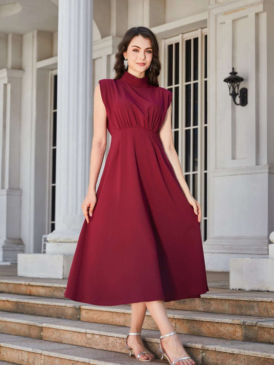 Chic Ruched Mock Neck Cap Sleeve Midi Dress Wine