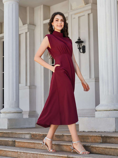 Chic Ruched Mock Neck Cap Sleeve Midi Dress