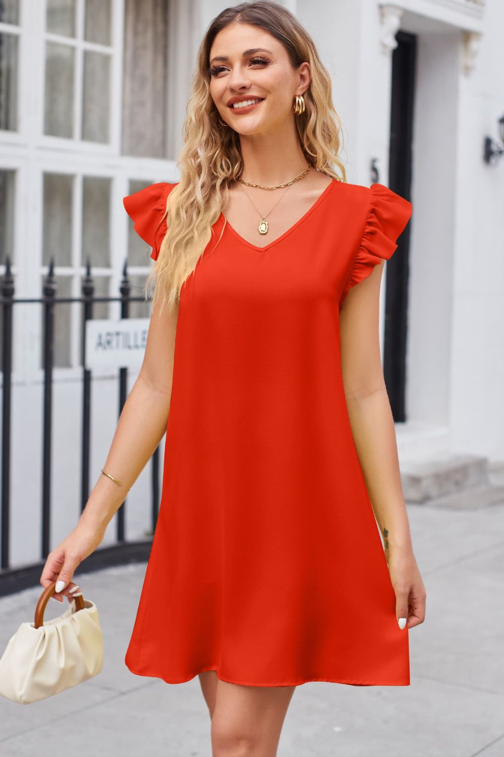 Chic Ruffled V-Neck Flutter Sleeve Dress Red Orange