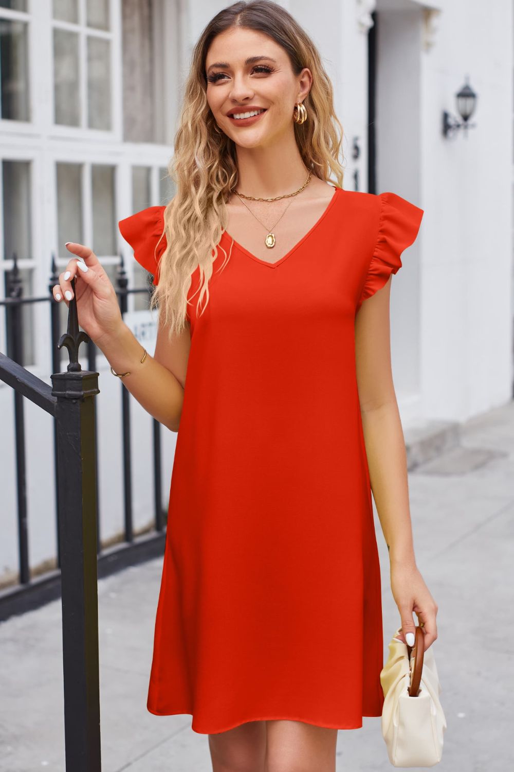 Chic Ruffled V-Neck Flutter Sleeve Dress