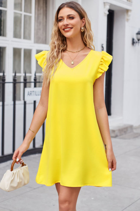 Chic Ruffled V-Neck Flutter Sleeve Dress Canary Yellow