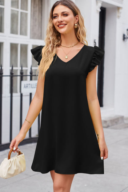 Chic Ruffled V-Neck Flutter Sleeve Dress Black