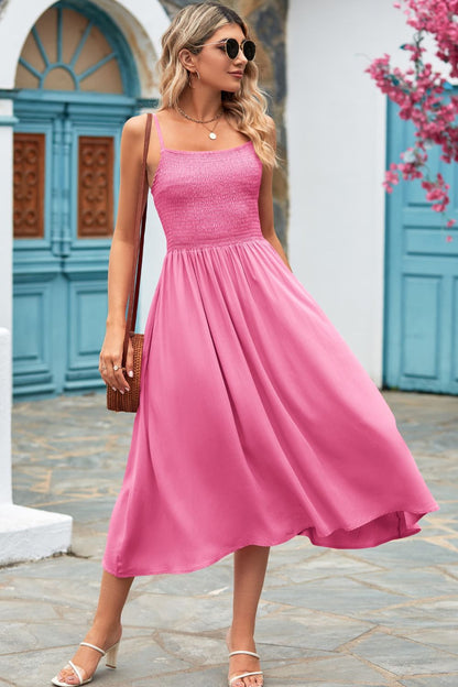 Chic Smocked Spaghetti Strap Midi Dress