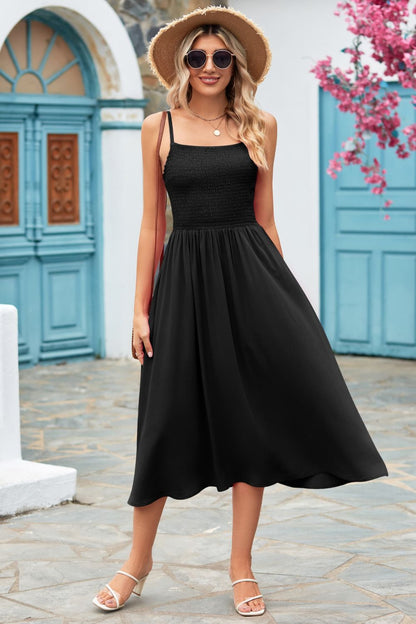 Chic Smocked Spaghetti Strap Midi Dress Black