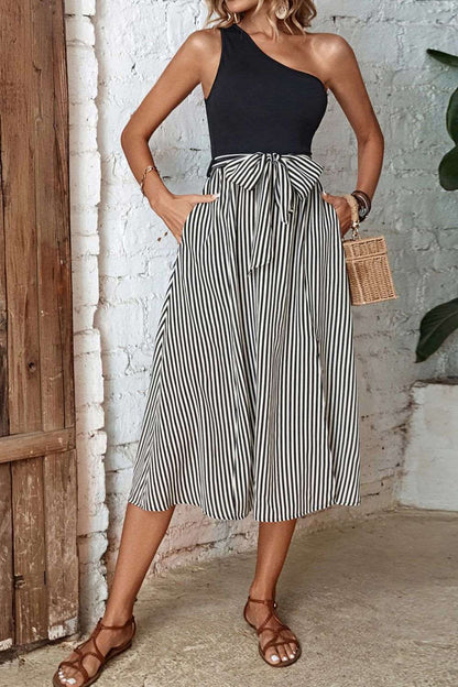 Chic Striped One-Shoulder Slit Dress