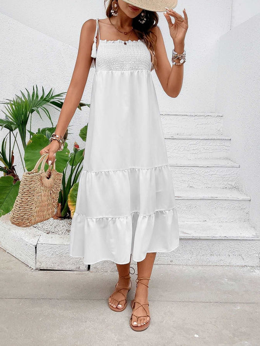 Chic Tie-Shoulder Smocked Tiered Midi Dress White