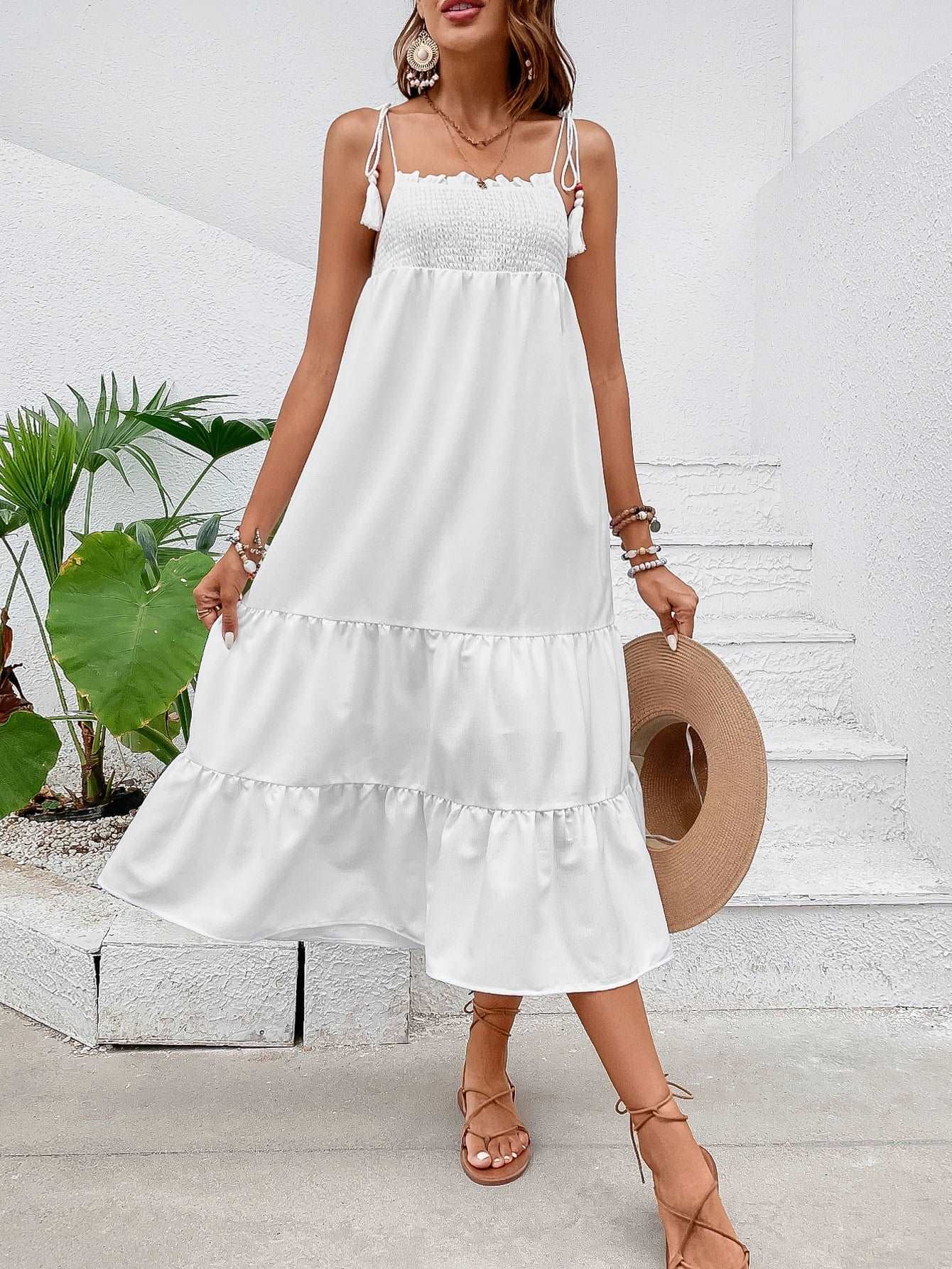 Chic Tie-Shoulder Smocked Tiered Midi Dress