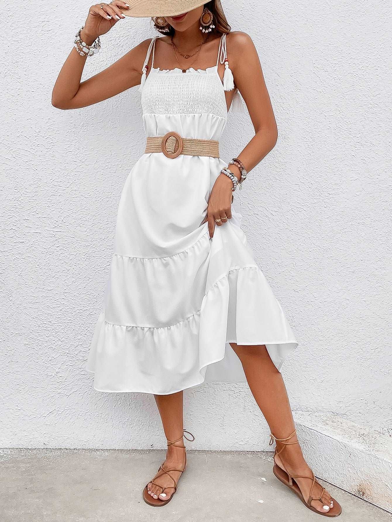 Chic Tie-Shoulder Smocked Tiered Midi Dress