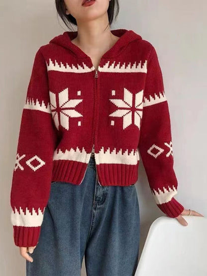 Christmas deer head snowflake jacquard pullover knitted cardigan Red F