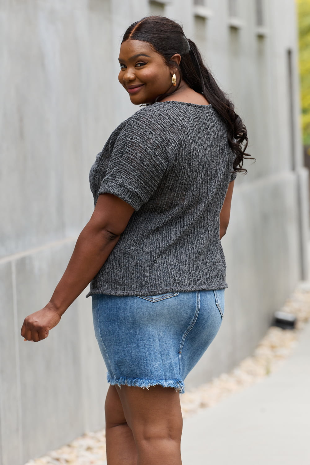 Chunky Knit Gray Short Sleeve Top