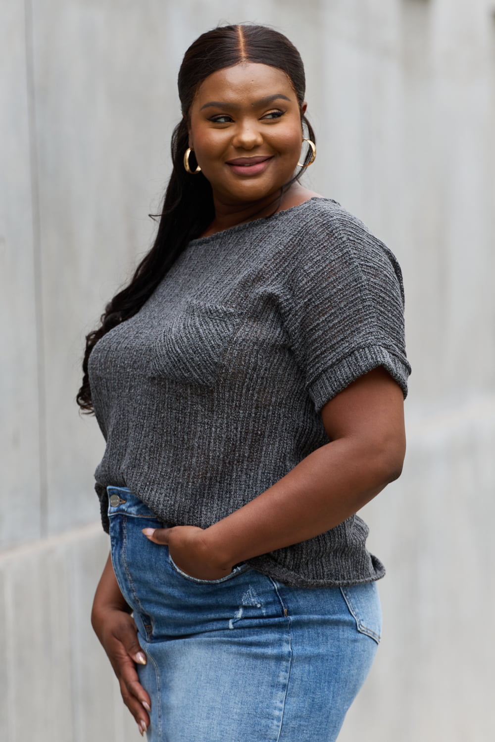 Chunky Knit Gray Short Sleeve Top