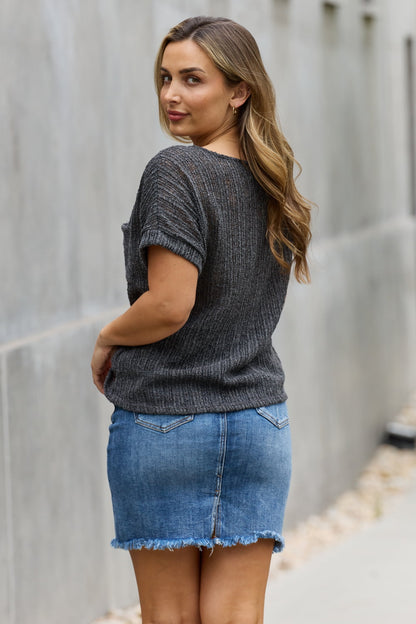 Chunky Knit Gray Short Sleeve Top