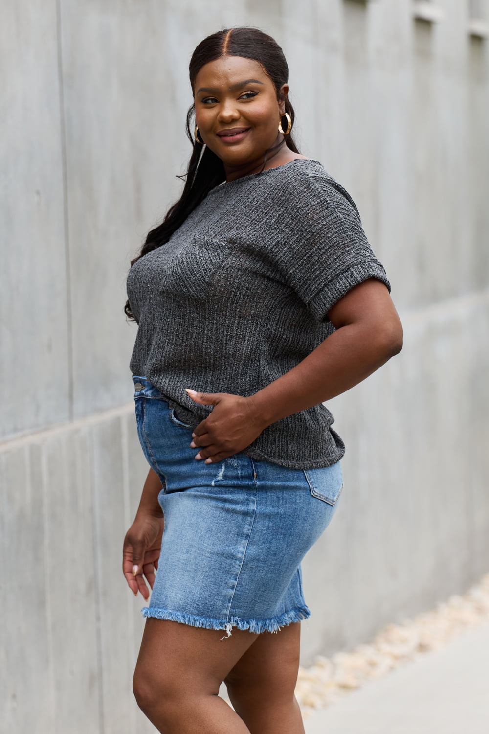 Chunky Knit Gray Short Sleeve Top