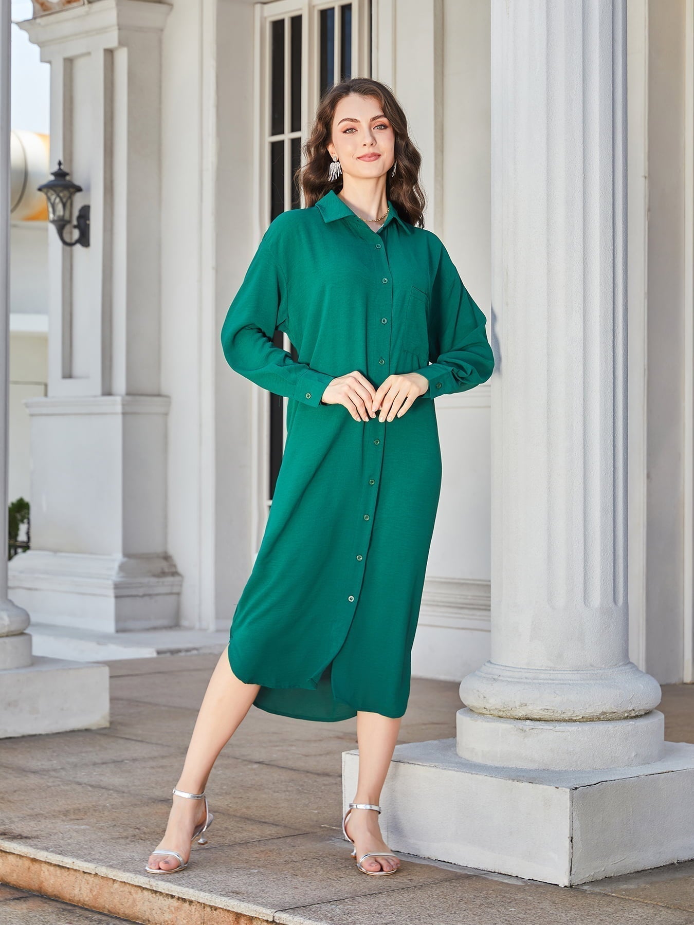 Collared Long-Sleeved Midi Shirt Dress Deep Teal