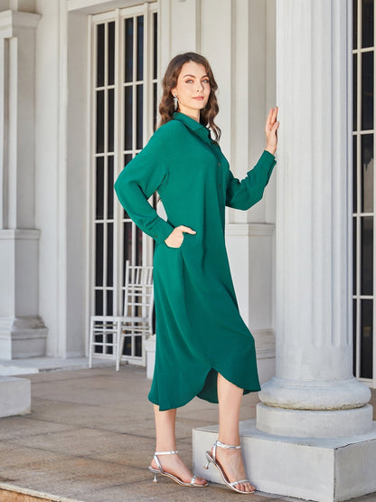 Collared Long-Sleeved Midi Shirt Dress